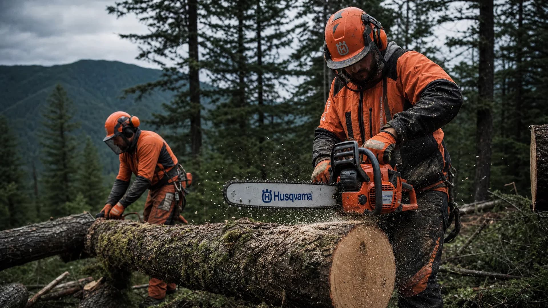Husqvarna-equipped arborist crew working in the forest